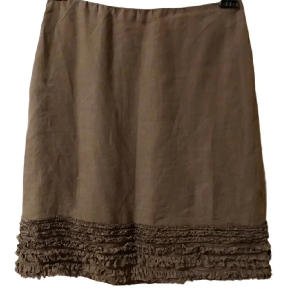 Eileen Fisher Irish linen taupe skirt with frayed/fringed tiered hem size PP
